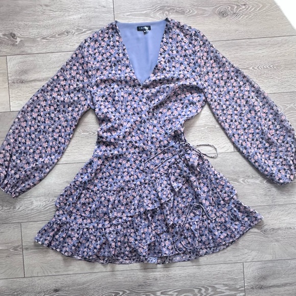 1. State Floral Ruffle Balloon Sleeve Mini Wrap Dress - Picture 5 of 16